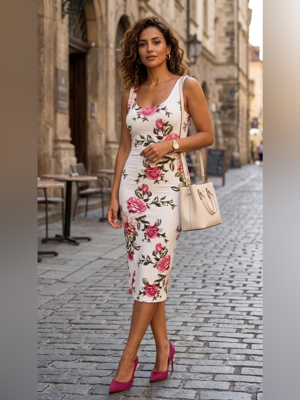 Popular Basics White Midi  Dress with Pink Rose Print and back zipper Medium